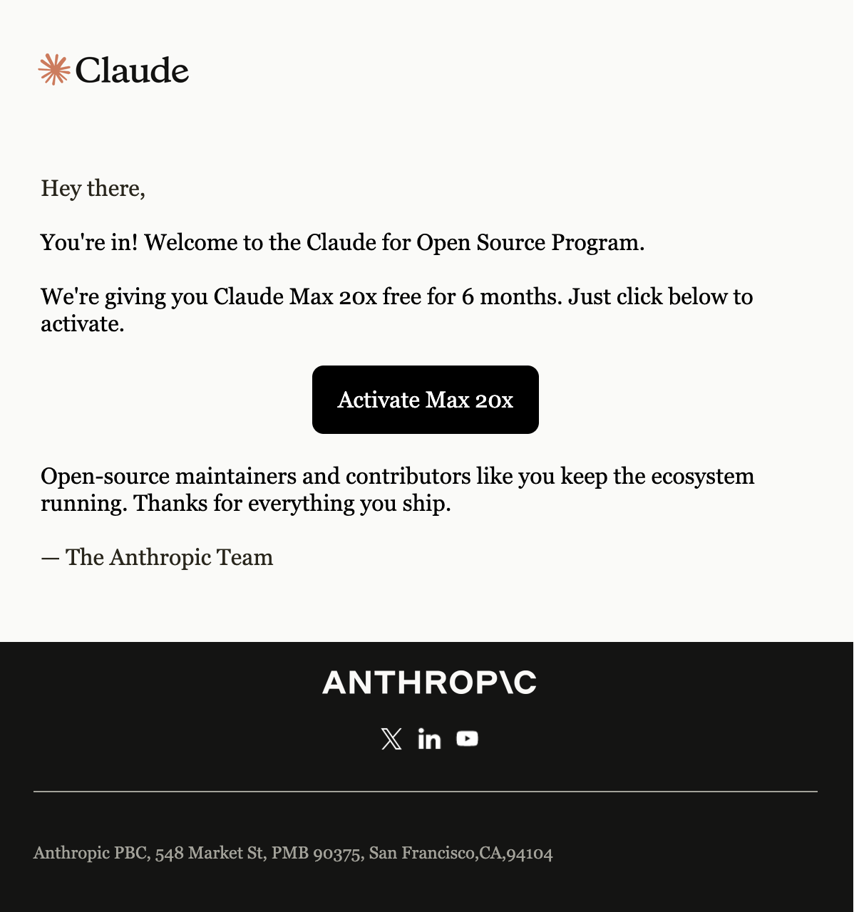 Claude for Open Source Programの採択メール